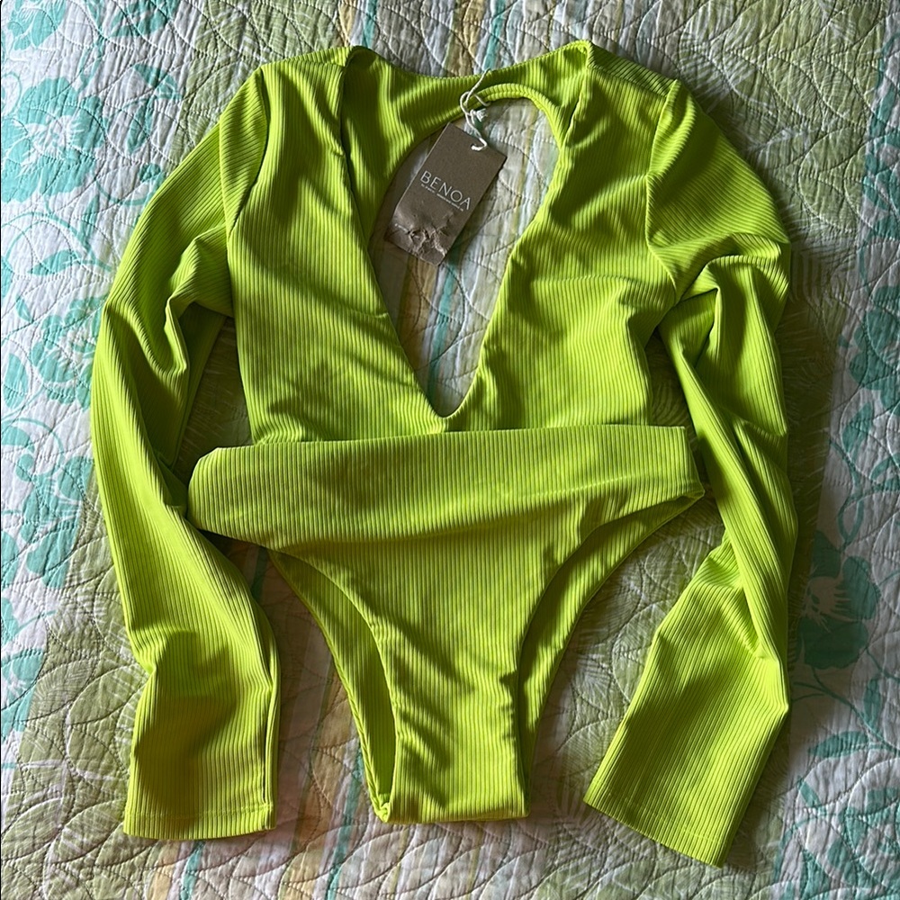 Neon Lime Long-Sleeve Ribbed One-Piece Bodysuit